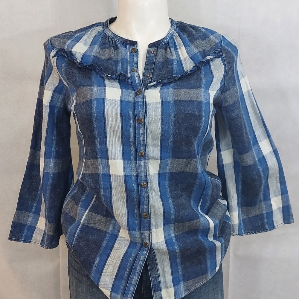 Reba Blue Flannel Blouse Sz M Snap Button Front 100% Cotton